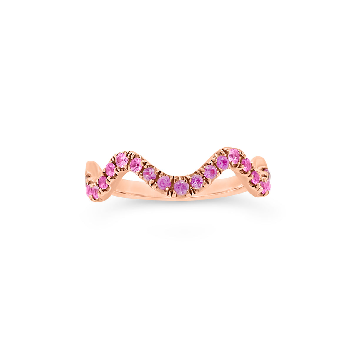 Pink Sapphire Stackable Wavy Ring  - 14K gold weighing 1.80 grams  - 19 pink sapphires totaling 0.32 carats