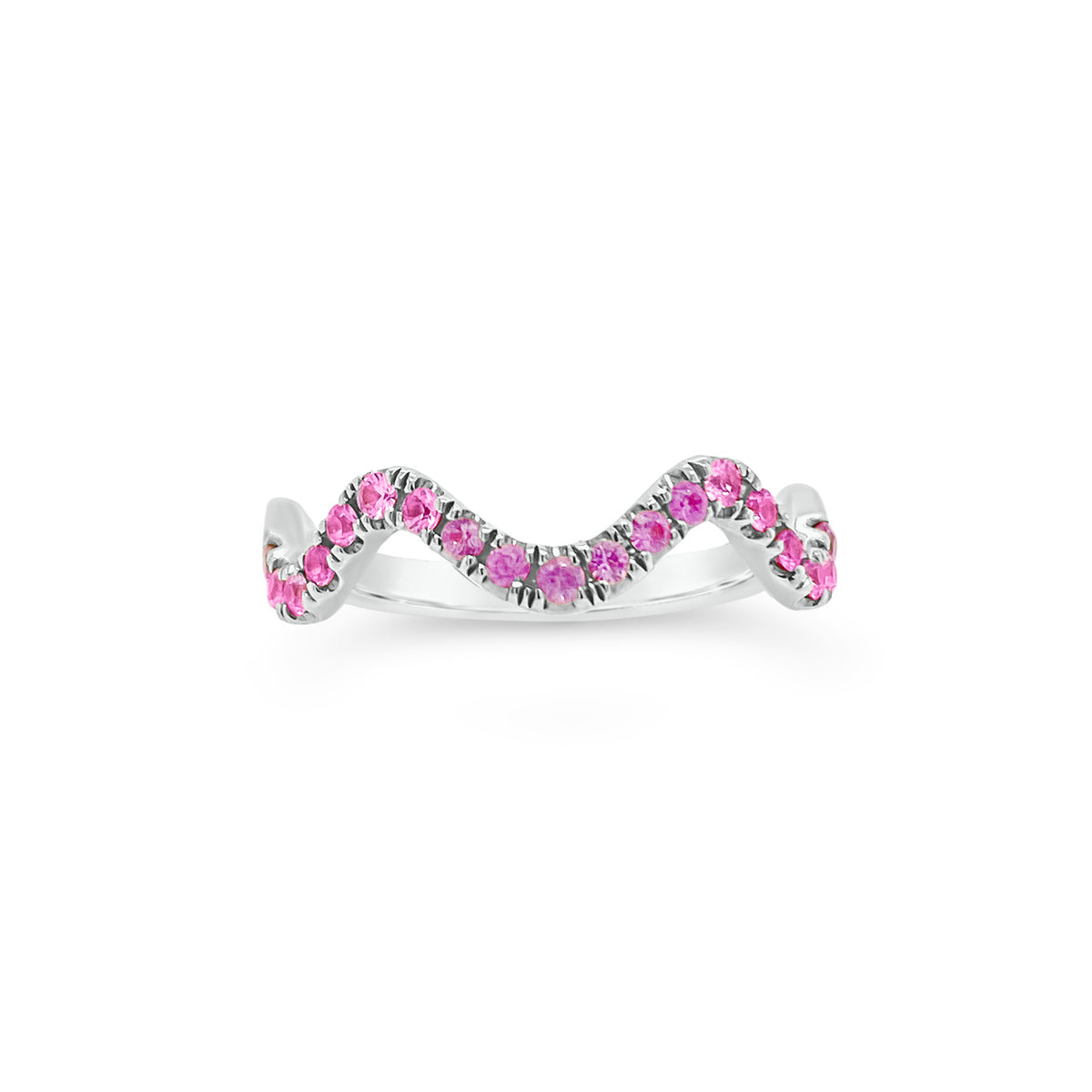 Pink Sapphire Stackable Wavy Ring  - 14K gold weighing 1.80 grams  - 19 pink sapphires totaling 0.32 carats