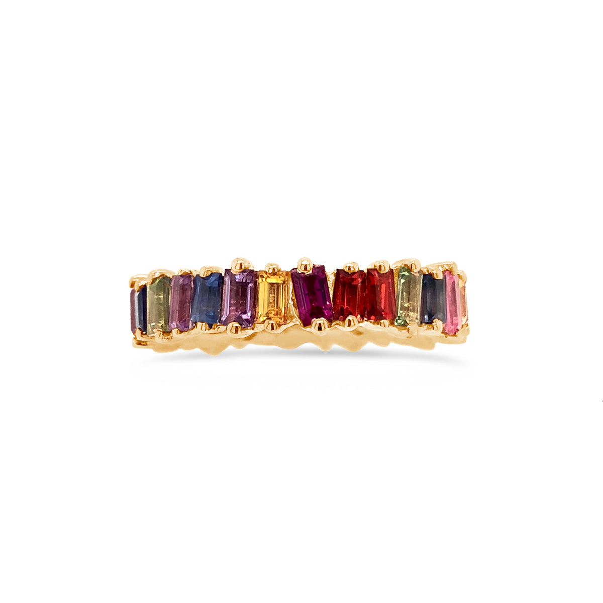 Rainbow baguette eternity ring -14k gold weighing 4.05 grams  -30 multi-color stones weighing 3.39 carats