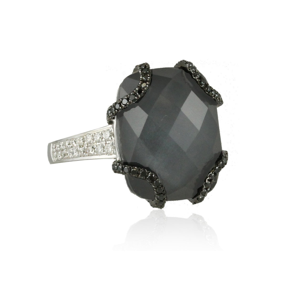 Black Hematite Statement Ring - 18kt white gold   - 36 round diamonds  - 56 round black diamonds  - 13.27 ct black hematite with a white topaz overlay