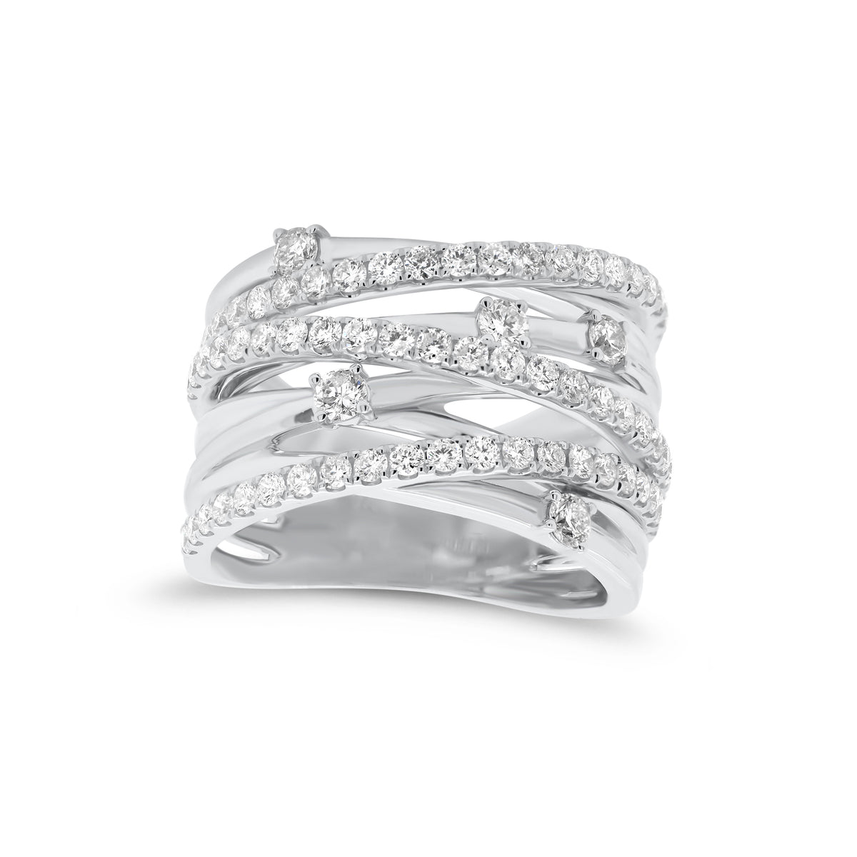 Diamond & Gold Multi-Band Ring  - 18K gold weighing 11.0 grams  - 69 round diamonds totaling 1.04 carats