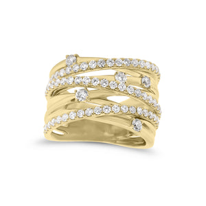 Diamond & Gold Multi-Band Ring  - 18K gold weighing 11.0 grams  - 69 round diamonds totaling 1.04 carats