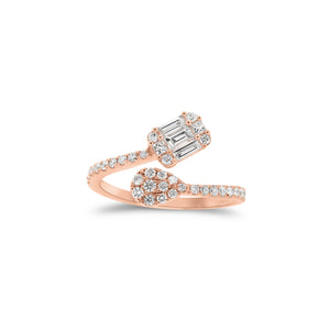 Diamond Shapes Wrap Pinky Ring  - 14K gold weighing 1.40 grams  - 2 princess-cut diamonds totaling 0.03 carats  - 32 round diamonds totaling 0.20 carats  - 3 slim baguettes totaling 0.11 carats