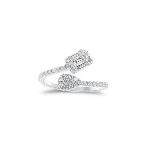 Diamond Shapes Wrap Pinky Ring  - 14K gold weighing 1.40 grams  - 2 princess-cut diamonds totaling 0.03 carats  - 32 round diamonds totaling 0.20 carats  - 3 slim baguettes totaling 0.11 carats