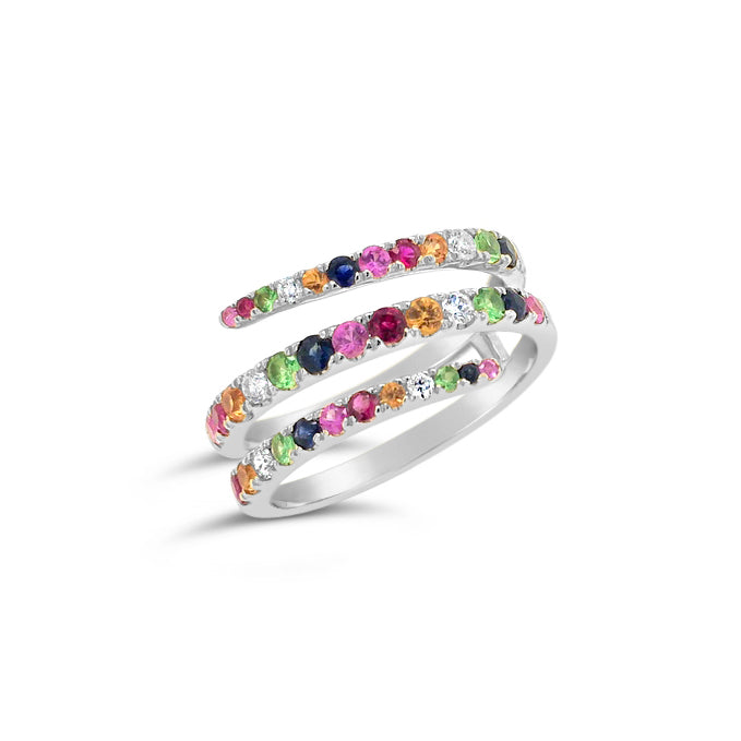 Gemstone Swirl Fashion Ring -14k gold weighing 3.76 grams  -31 multi-color stones weighing 6.15 carats  -6 round diamonds weighing .15 carats