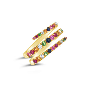 Gemstone Swirl Fashion Ring -14k gold weighing 3.76 grams  -31 multi-color stones weighing 6.15 carats  -6 round diamonds weighing .15 carats
