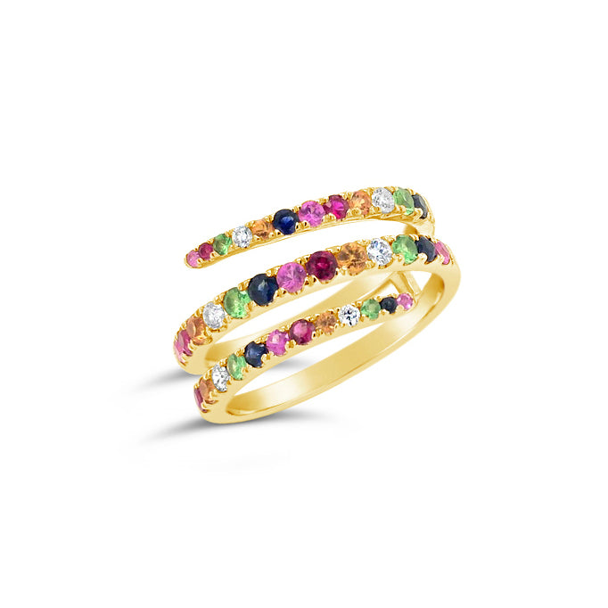 Gemstone Swirl Fashion Ring -14k gold weighing 3.76 grams  -31 multi-color stones weighing 6.15 carats  -6 round diamonds weighing .15 carats