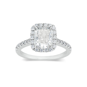 Elongated Radiant-Cut Halo Diamond Engagement Ring -18K white gold weighting 3.04 GR - 32 round diamonds totaling 0.47 carats GIA graded F - G color, VS2 - SI1 clarity