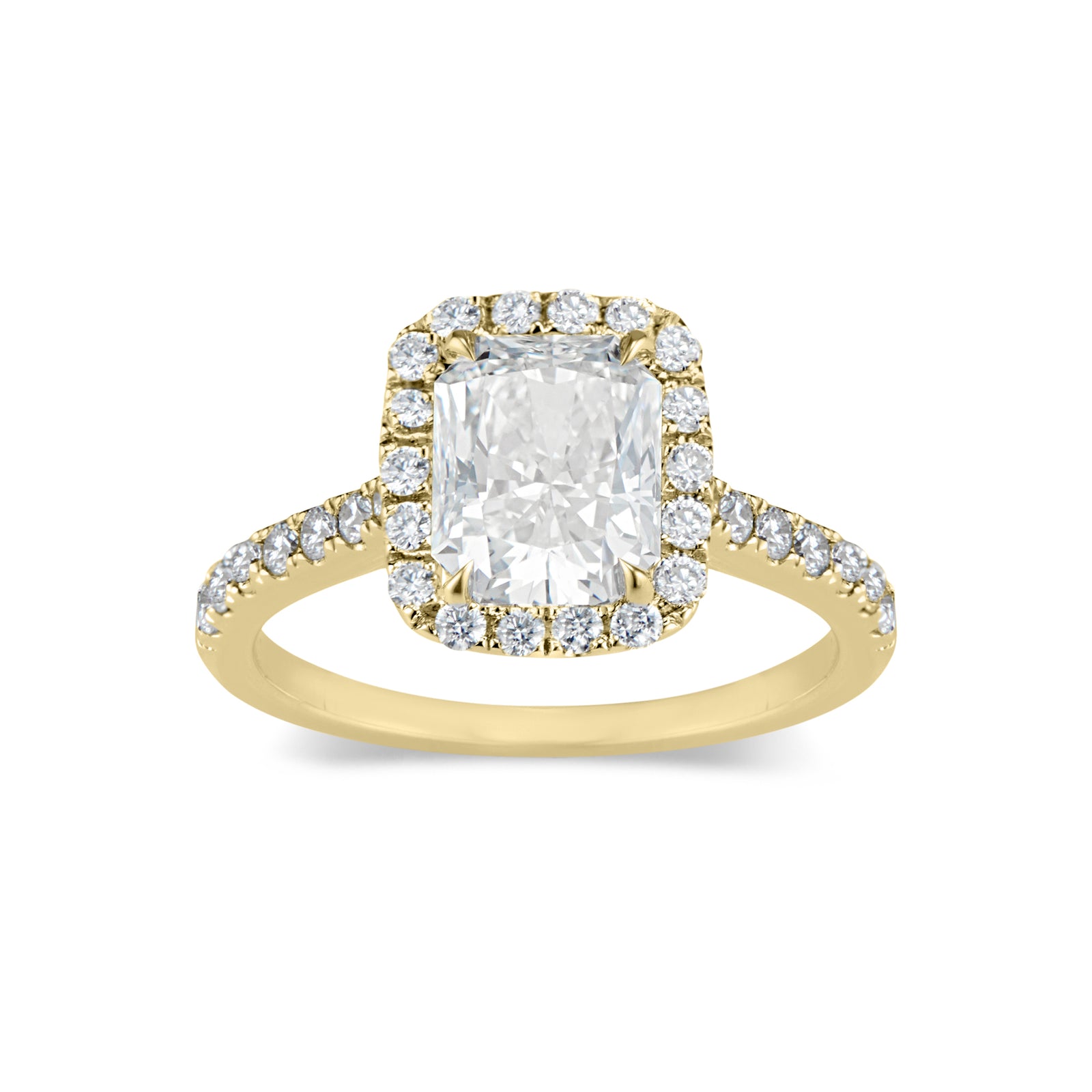 Elongated Radiant-Cut Halo Diamond Engagement Ring -18K white gold weighting 3.04 GR - 32 round diamonds totaling 0.47 carats GIA graded F - G color, VS2 - SI1 clarity