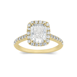 Elongated Radiant-Cut Halo Diamond Engagement Ring -18K yellow gold weighting 3.04 GR - 32 round diamonds totaling 0.47 carats GIA graded F - G color, VS2 - SI1 clarity