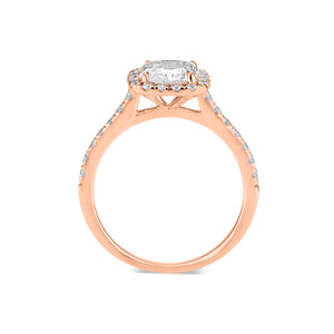 Elongated Radiant-Cut Halo Diamond Engagement Ring -18K rose gold weighting 3.04 GR - 32 round diamonds totaling 0.47 carats GIA graded F - G color, VS2 - SI1 clarity