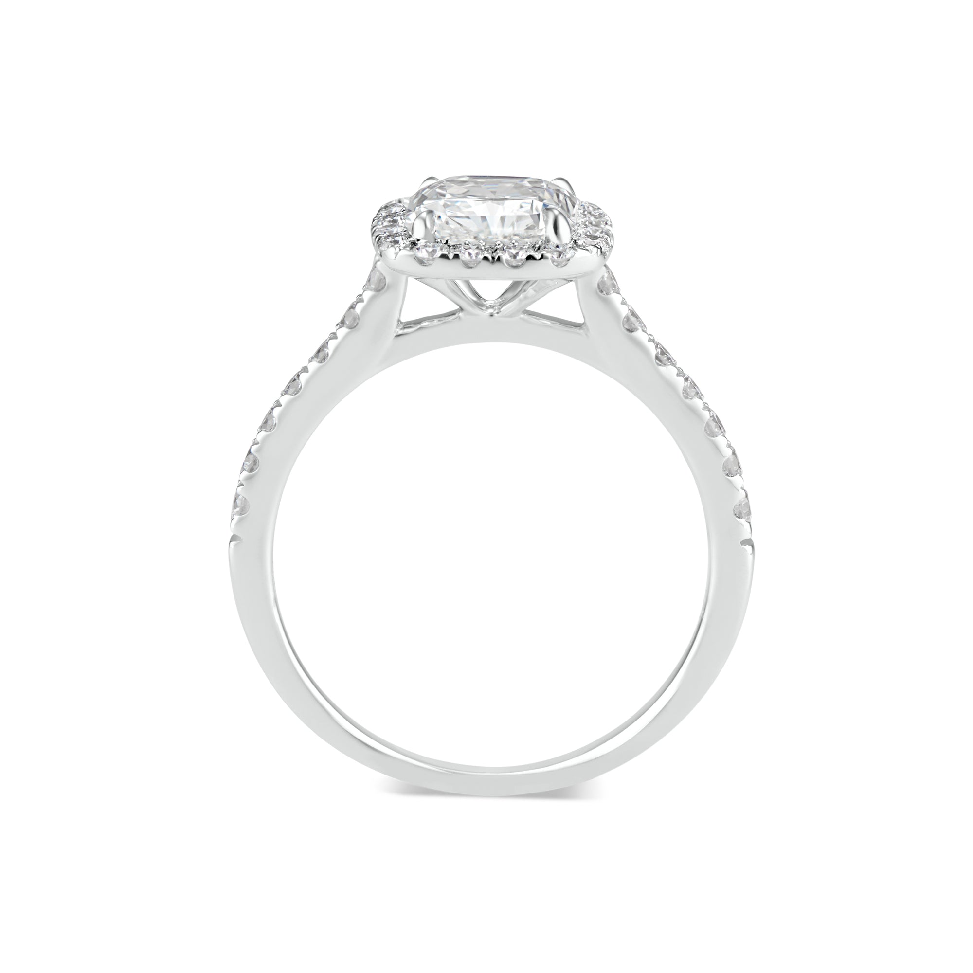 Elongated Radiant-Cut Halo Diamond Engagement Ring -18K white gold weighting 3.04 GR - 32 round diamonds totaling 0.47 carats GIA graded F - G color, VS2 - SI1 clarity