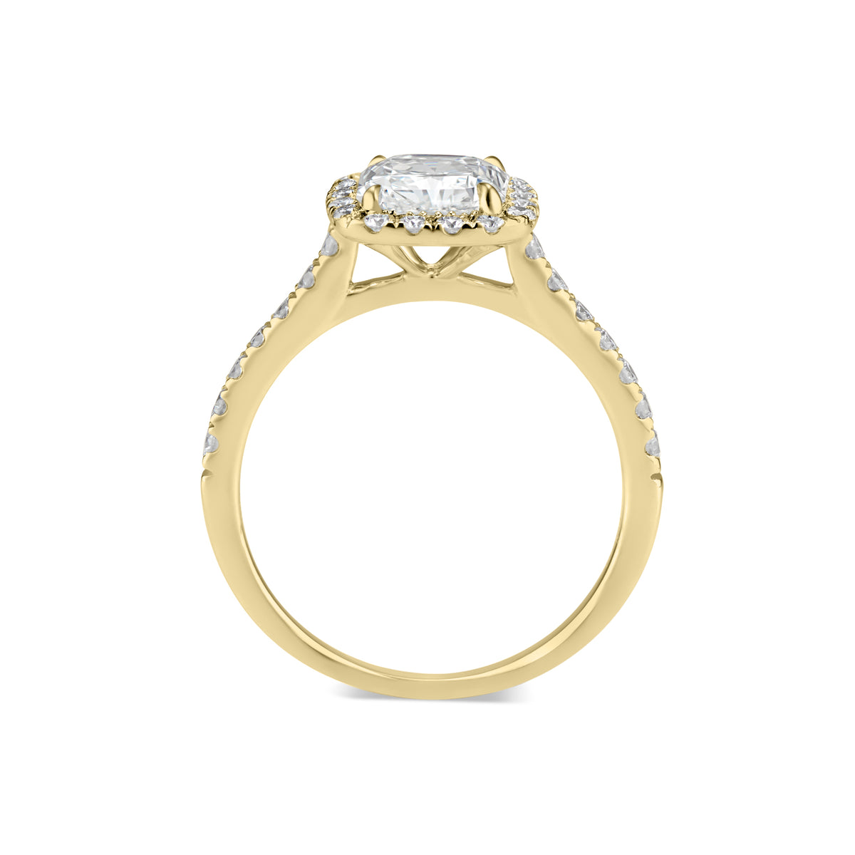 Elongated Radiant-Cut Halo Diamond Engagement Ring -18K yellow gold weighting 3.04 GR - 32 round diamonds totaling 0.47 carats GIA graded F - G color, VS2 - SI1 clarity