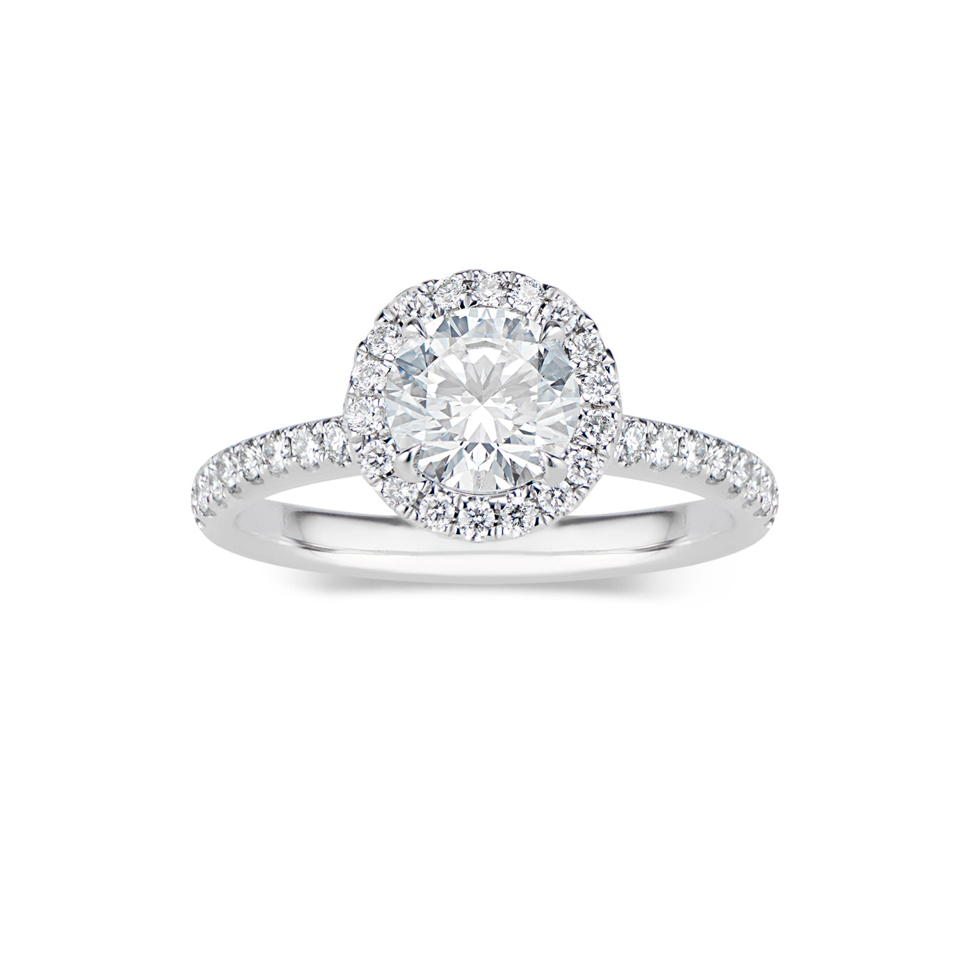 Round Double-Edge Halo Diamond Engagement Ring  -18 K weighting 3.65  - 74 round diamonds totaling 0.44 carats
