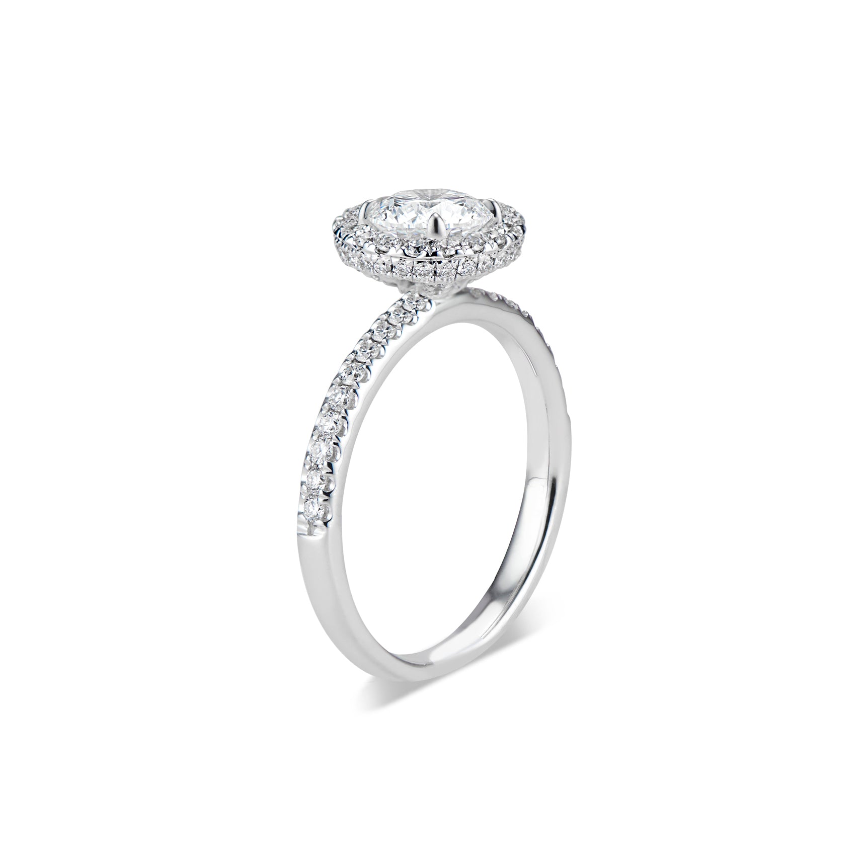 Round Double-Edge Halo Diamond Engagement Ring  -18 K weighting 3.65  - 74 round diamonds totaling 0.44 carats