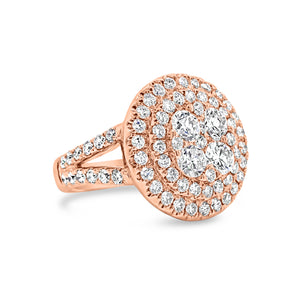 Circular Diamond Cluster Engagement Ring  -18k gold weighing 10.51 grams  -79 round diamonds weighing 2.36 carats