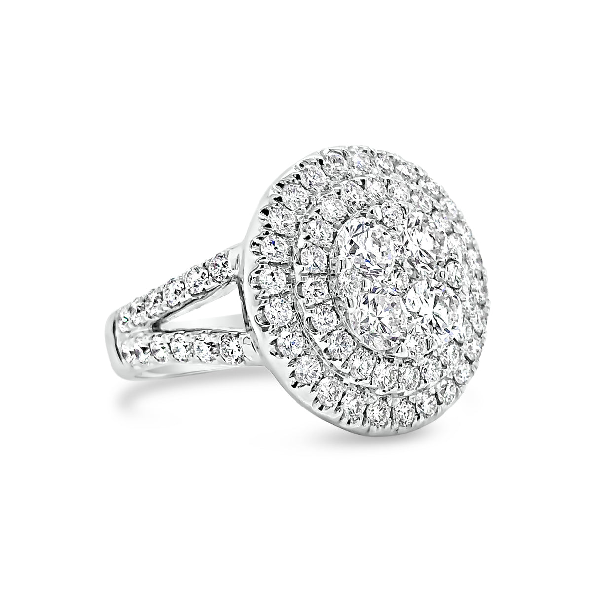 Circular Diamond Cluster Engagement Ring  -18k gold weighing 10.51 grams  -79 round diamonds weighing 2.36 carats