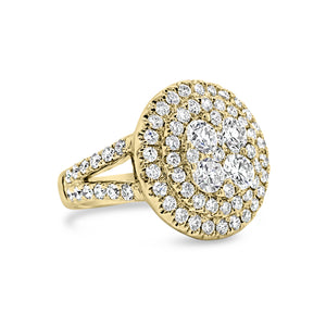 Circular Diamond Cluster Engagement Ring  -18k gold weighing 10.51 grams  -79 round diamonds weighing 2.36 carats
