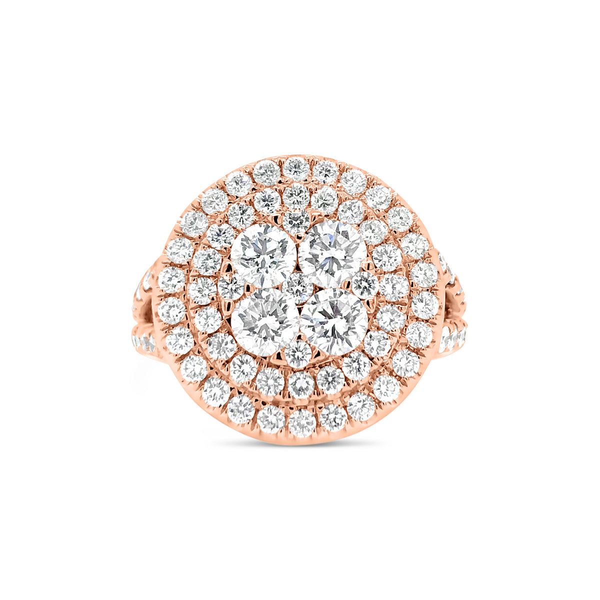 Circular Diamond Cluster Engagement Ring  -18k gold weighing 10.51 grams  -79 round diamonds weighing 2.36 carats
