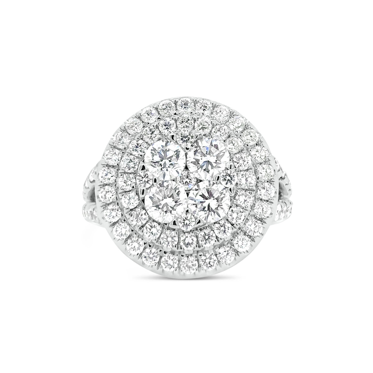 Circular Diamond Cluster Engagement Ring  -18k gold weighing 10.51 grams  -79 round diamonds weighing 2.36 carats