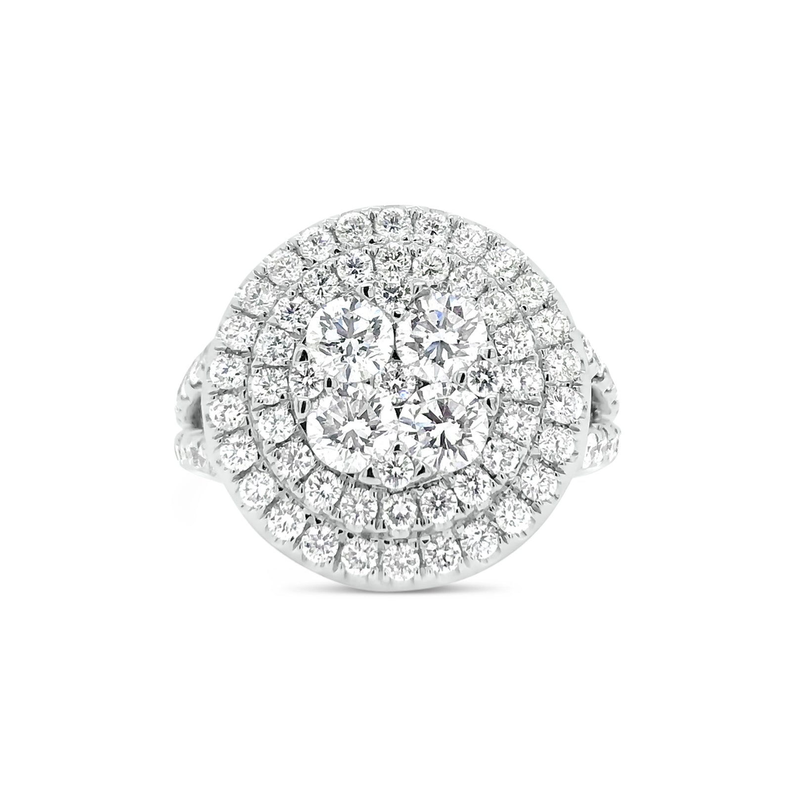 Circular Diamond Cluster Engagement Ring  -18k gold weighing 10.51 grams  -79 round diamonds weighing 2.36 carats