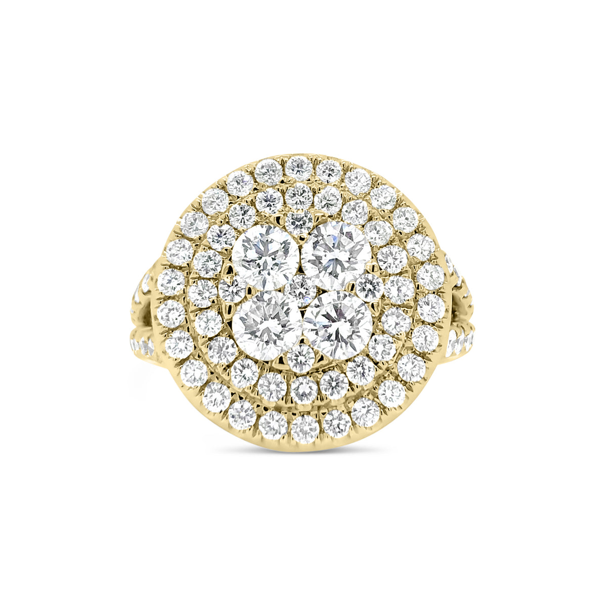 Circular Diamond Cluster Engagement Ring  -18k gold weighing 10.51 grams  -79 round diamonds weighing 2.36 carats