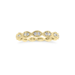 Diamond Stackable Ring with Milgrain  - 18K gold weighting 2.11 grams.  - 18 round diamond totaling .21 carats. 