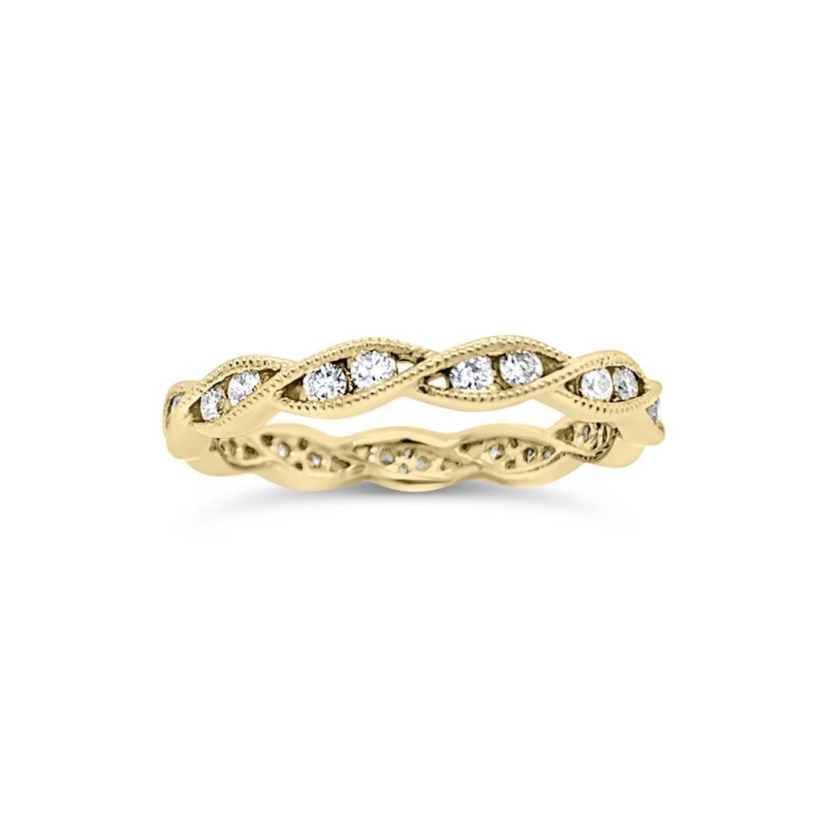 Diamond Infinity Ring with Milgrain  18K gold weighing 2.31 grams.  - 22R round diamonds totaling 0.47 carats.