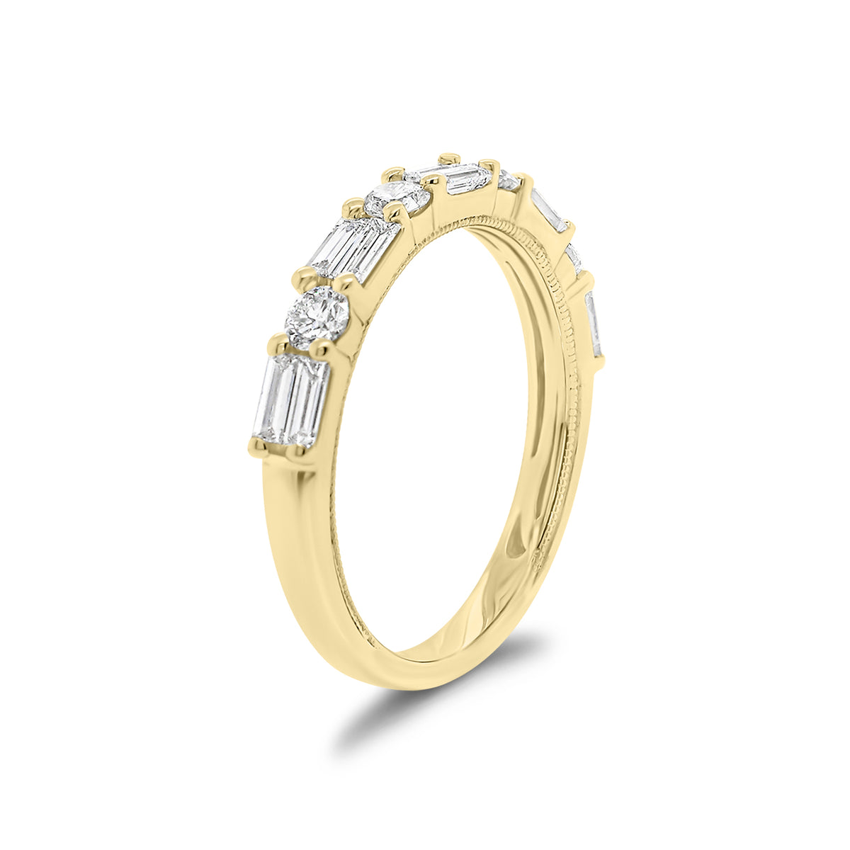 Round and Double Baguette Diamond Wedding Band - 18K gold weighing 2.78 grams  - 10 slim baguettes weighing 0.38 carats  - 4 round diamonds weighing 0.31 carats