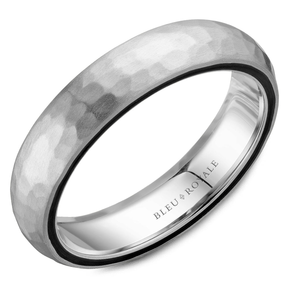 Hammered Top and Black Carbon Profile Inlay Men's Wedding Band 14k gold weighing 8.7 grams with COBALT INLAY & a width-5 mm 