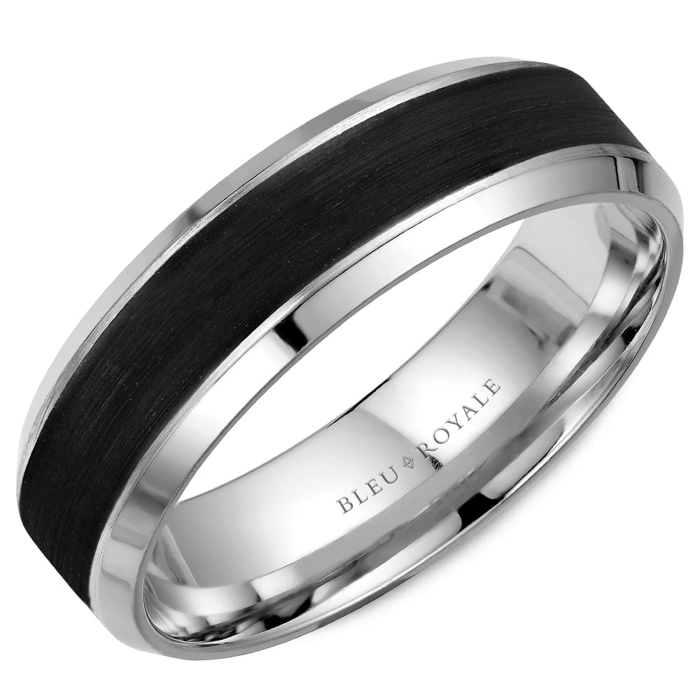 Sandpaper Carbon Center and High Polish Bevel Edges Men's Wedding Bands 14k gold weighing 8.6 grams with COBALT INLAY & a width of 6 mm 