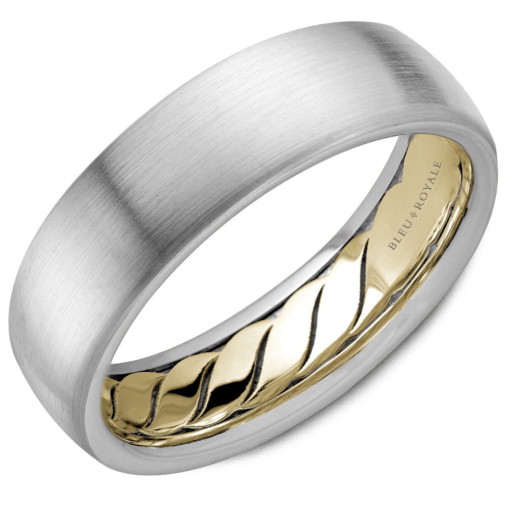 Diamond brush top with yellow gold interior men's wedding band This men's wedding band is composed of 14k gold weighing 10.9 grams with a width of 6.5 mm 