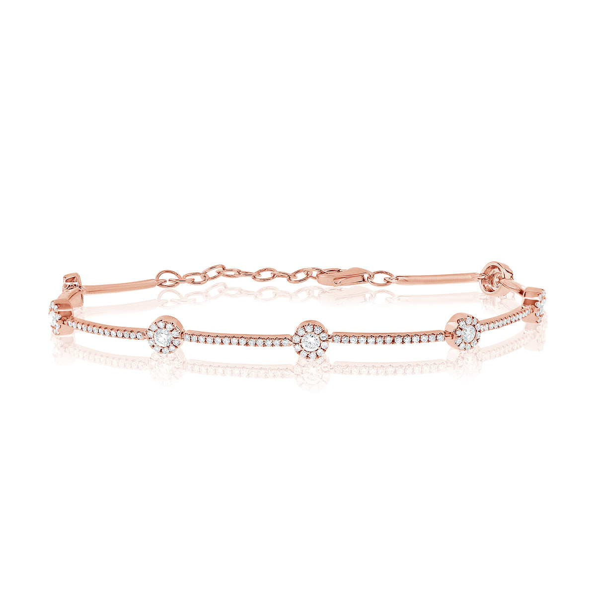 Diamond Halo Link Bracelet - 14K rose gold weighing 3.92 grams - 174 round diamonds totaling 0.51 carats - 7 round diamonds totaling 0.31 carats