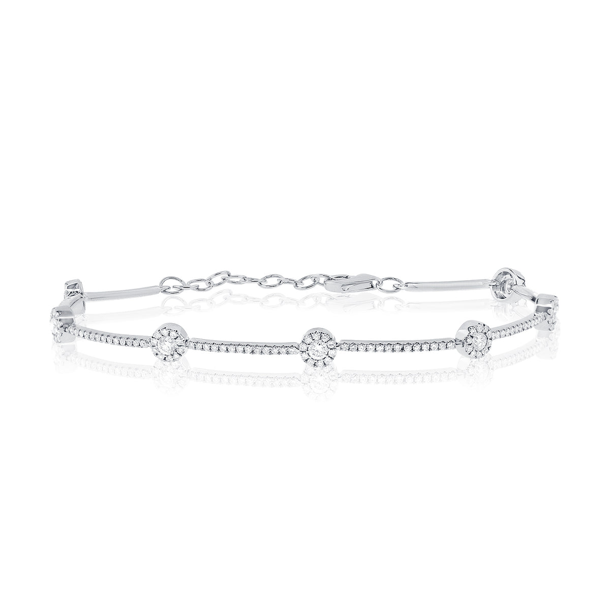 Diamond Halo Link Bracelet - 14K white gold weighing 3.92 grams - 174 round diamonds totaling 0.51 carats - 7 round diamonds totaling 0.31 carats