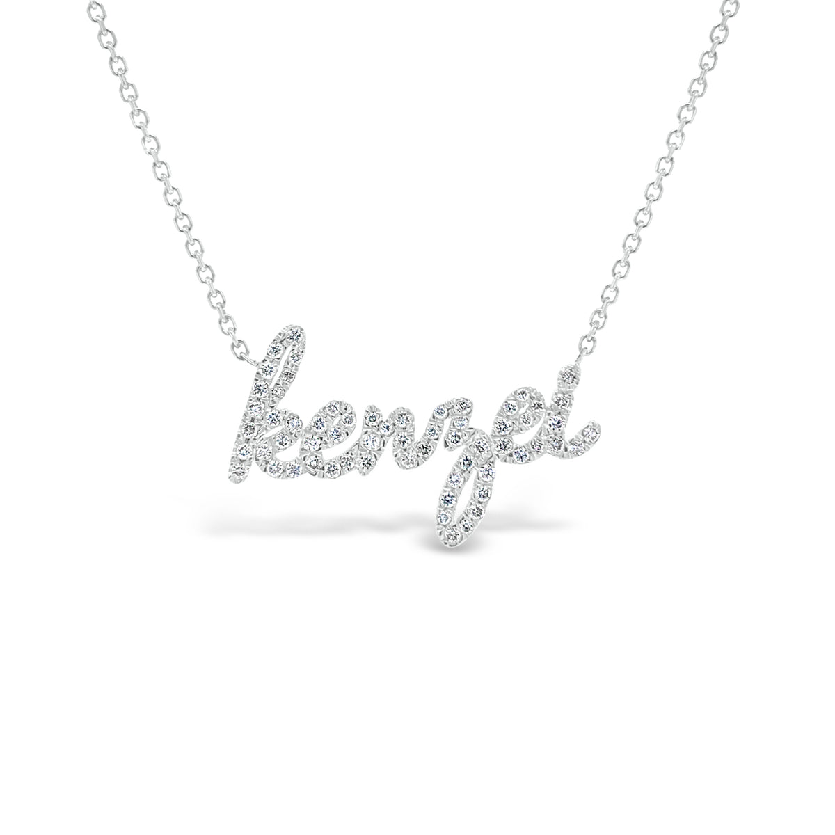 Diamond script nameplate necklace -14K gold weighing 2.30 grams -62 round diamonds totaling 0.23 carats