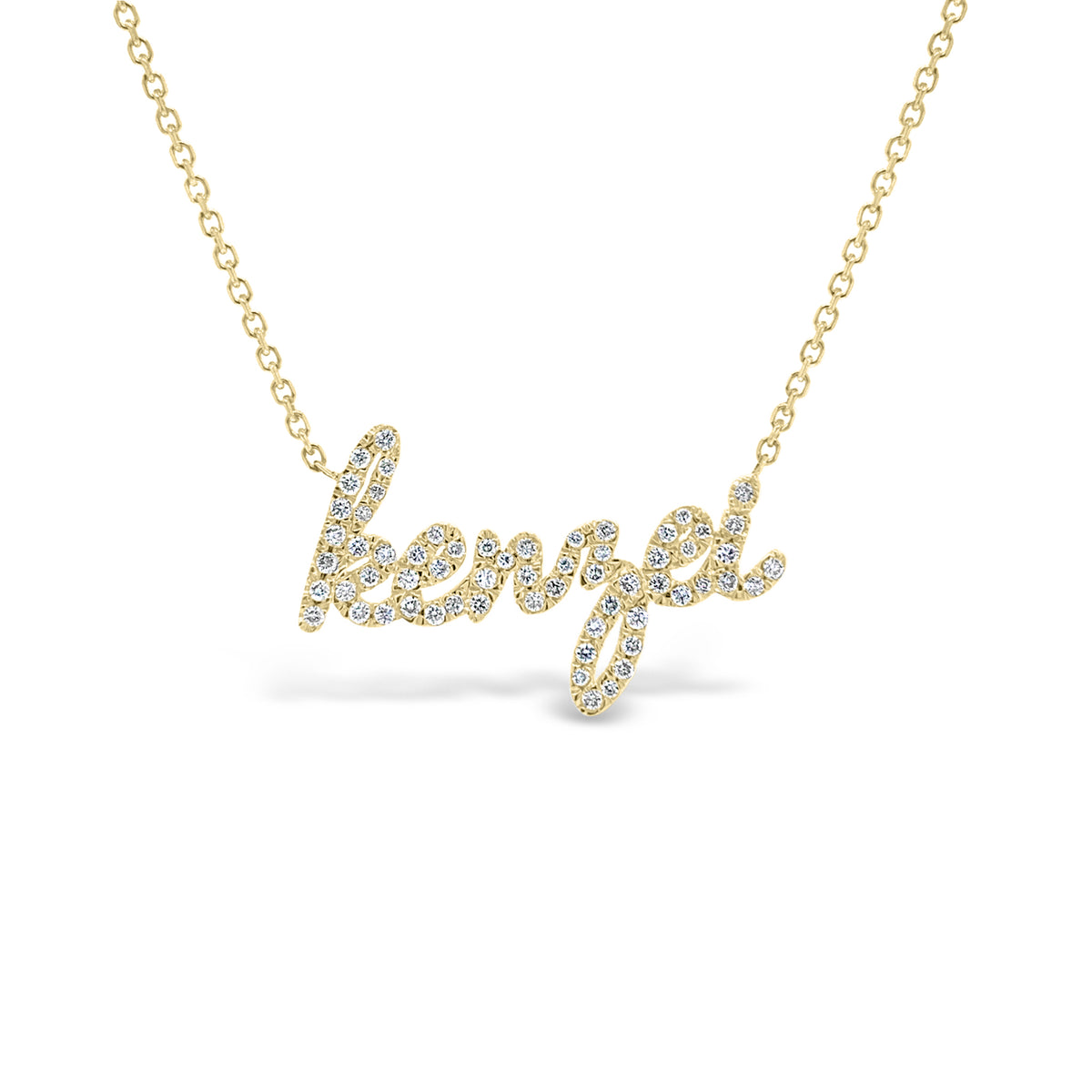 Diamond script nameplate necklace -14K gold weighing 2.30 grams  -62 round diamonds totaling 0.23 carats