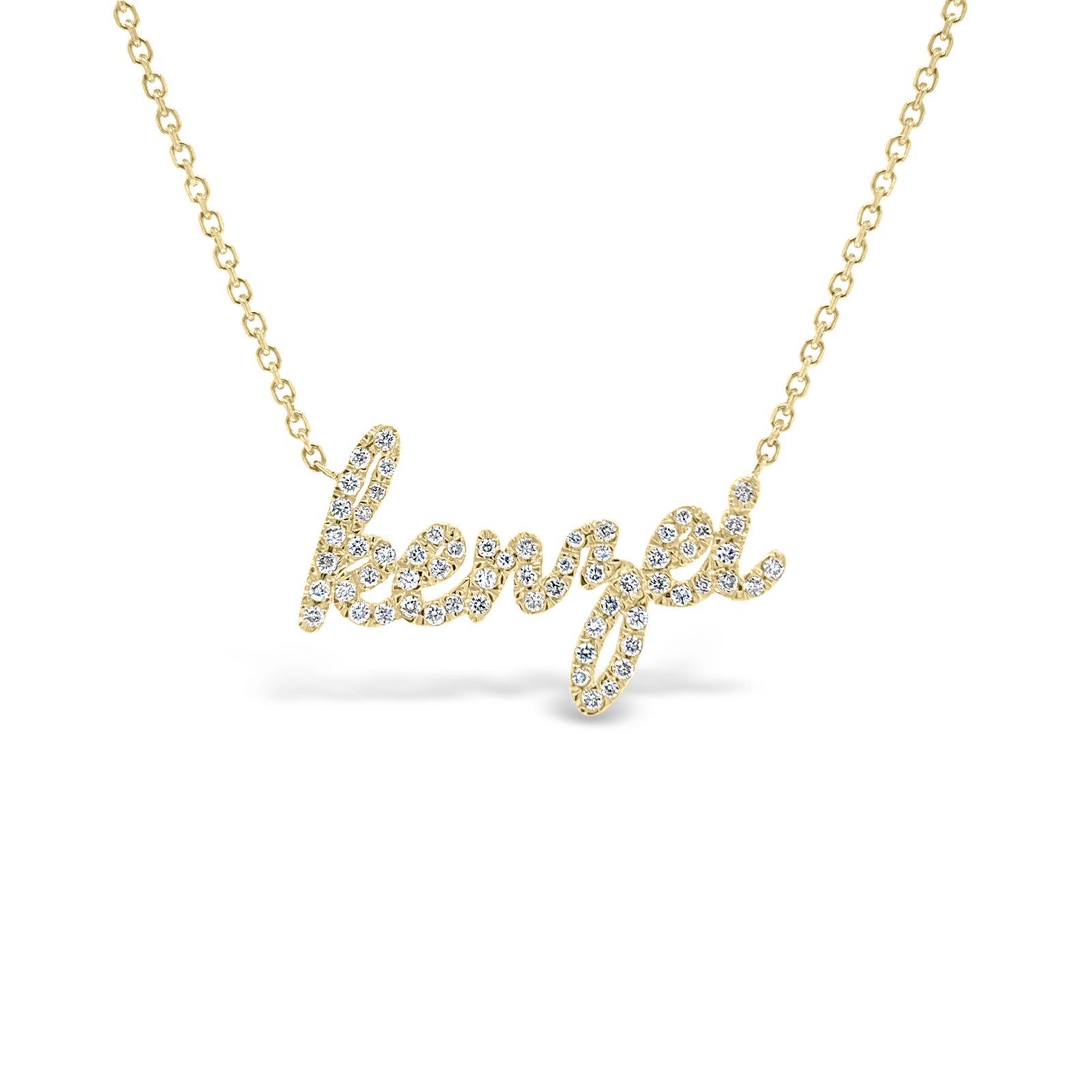 Diamond script nameplate necklace -14K gold weighing 2.30 grams  -62 round diamonds totaling 0.23 carats