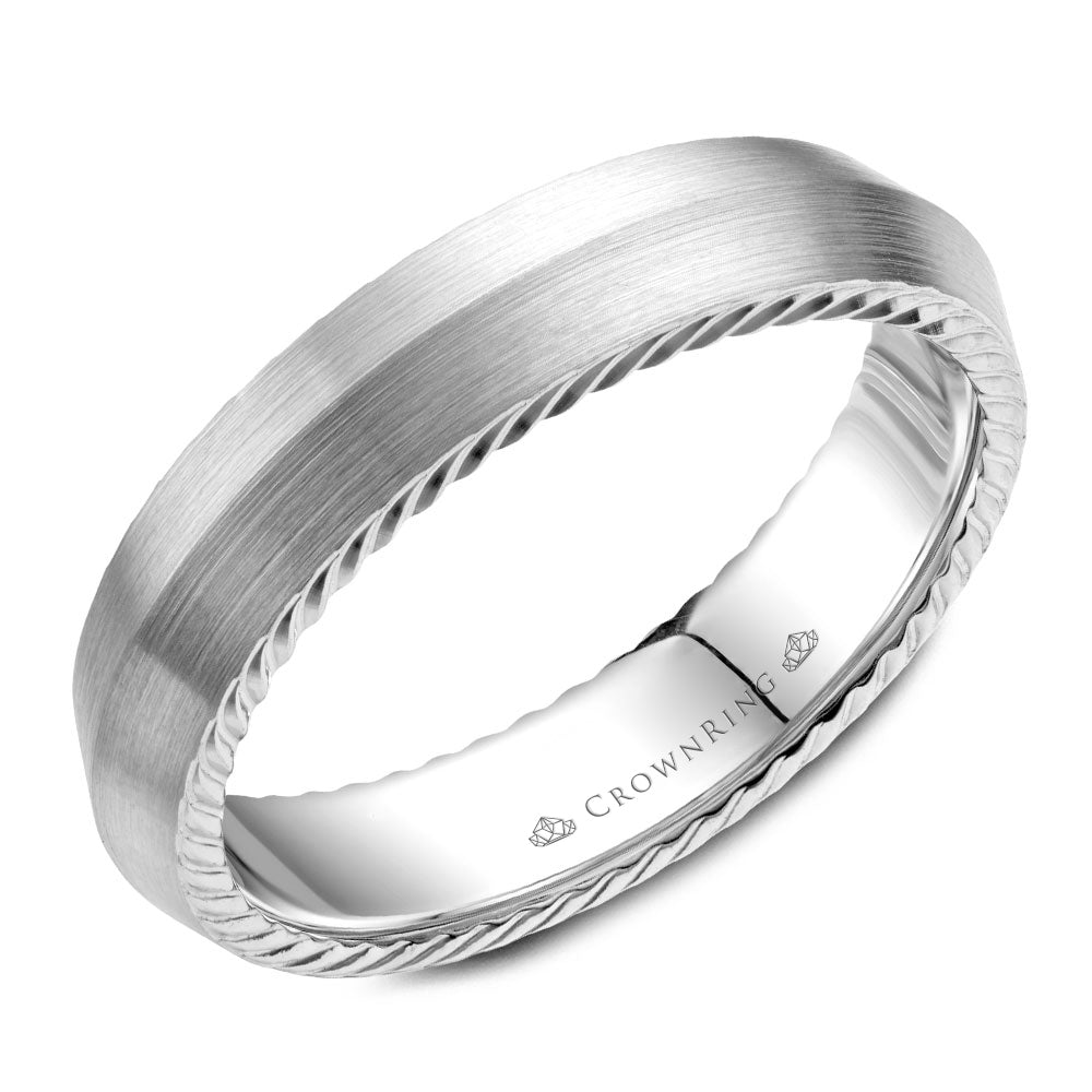 Sandpaper top & high polish ropes men's wedding band This men's wedding band is composed of 14k gold weighing 7.0 grams with a width of 5.0 mm 