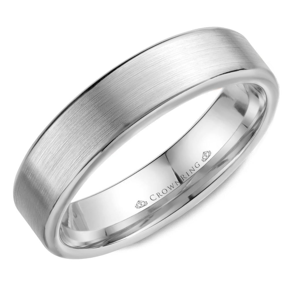 Sandpaper top & high polished round edged men's wedding band This men's wedding band is composed of 14k gold weighing 5.5 grams with a width of 5.5 mm 