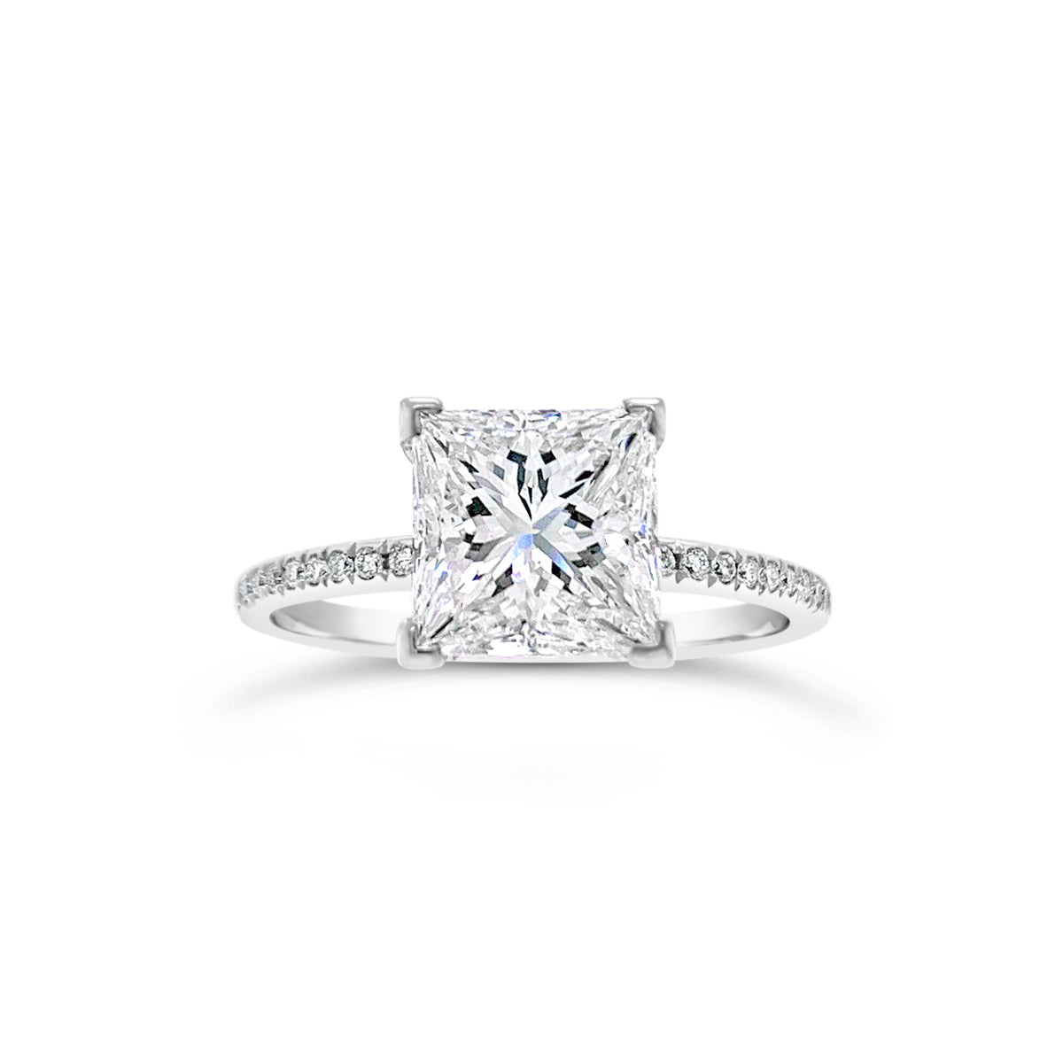 Princess-Cut Diamond Engagement Ring with Pave Diamond Shank  -18K weighting 2.31 GR  - 34 round diamonds totaling 0.52 carats