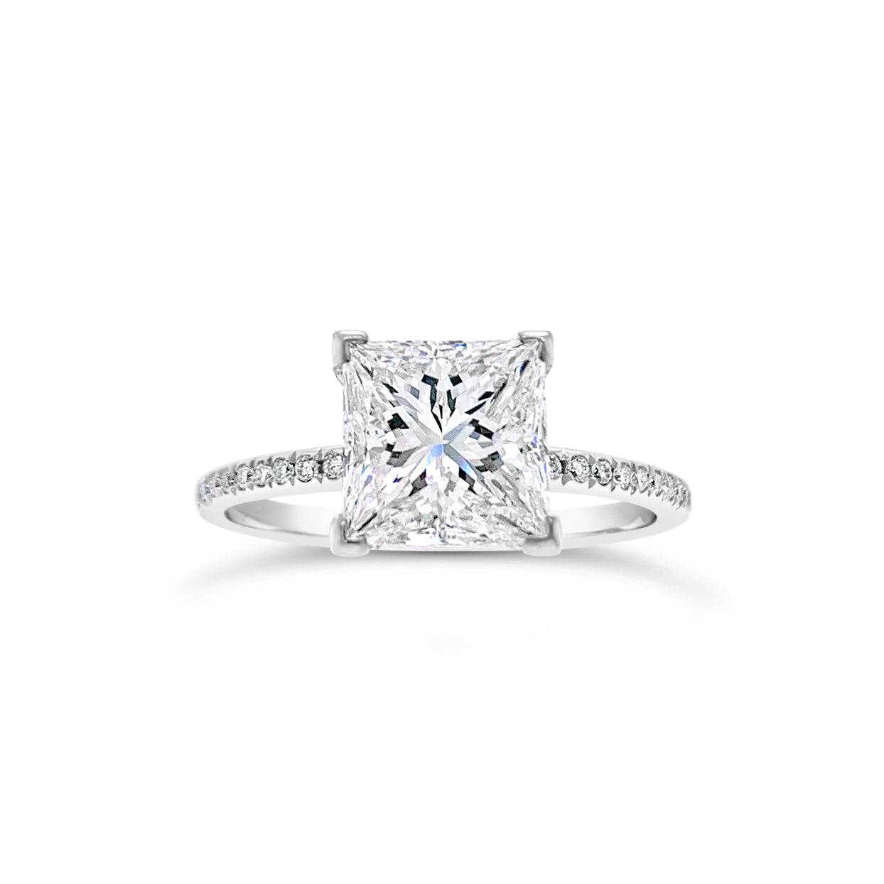 Princess-Cut Diamond Engagement Ring with Pave Diamond Shank  -18K weighting 2.31 GR  - 34 round diamonds totaling 0.52 carats