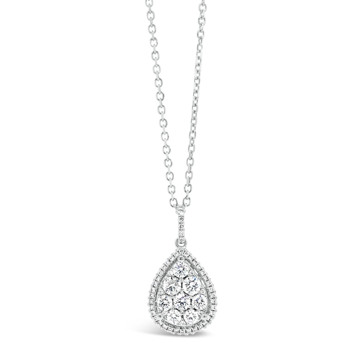 Diamond Cluster Teardrop Necklace  -18K weighing 1.63GR  -54 round diamonds totaling 0.38 carats  -3 round diamonds totaling 0.26 carats 