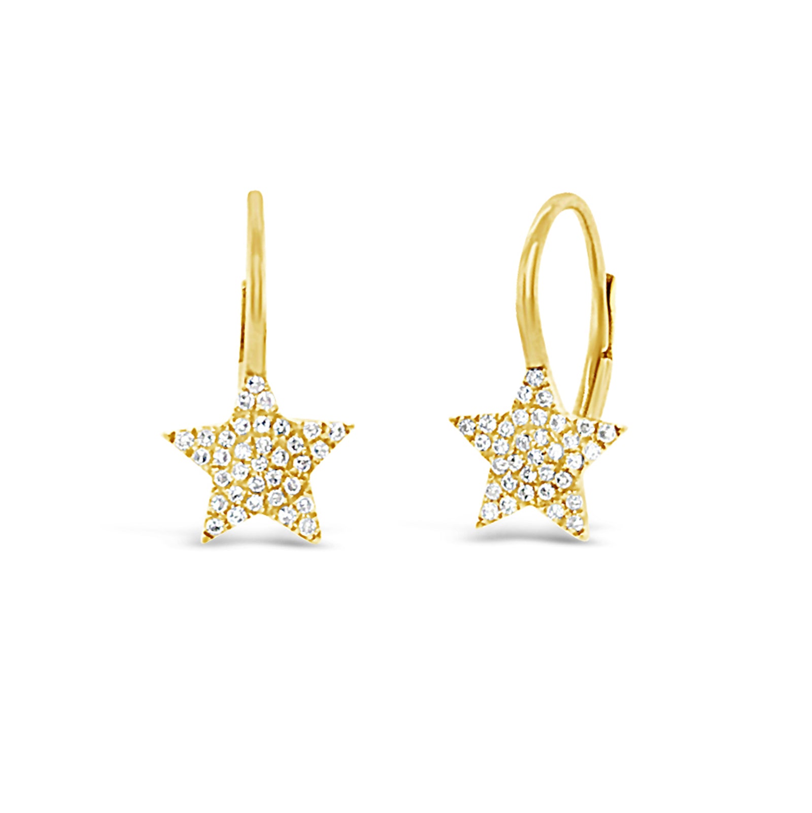 Diamond Star Lever-Back Earrings  -14K gold weighing 1.31 grams  -68 round pave set diamonds totaling 0.18 carats