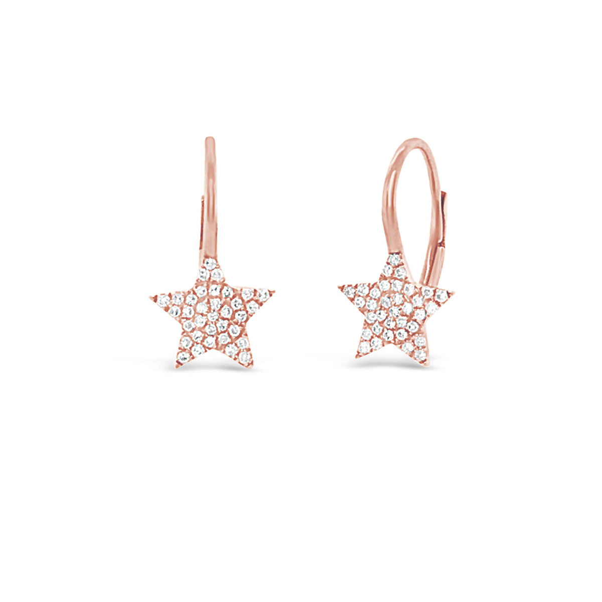 Diamond Star Lever-Back Earrings  -14K gold weighing 1.31 grams  -68 round pave set diamonds totaling 0.18 carats