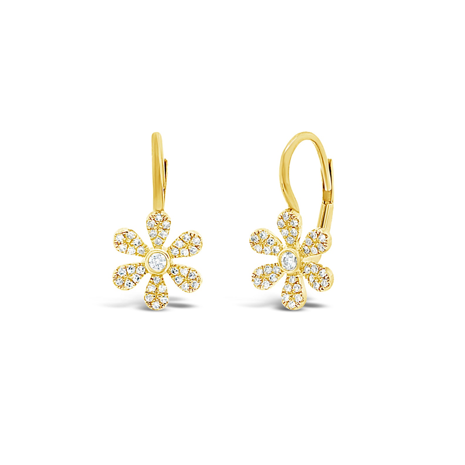 Diamond Flower Lever-Back Earrings  -14K gold weighing 1.85 grams  -74 round pave-set diamonds totaling 0.23 carats