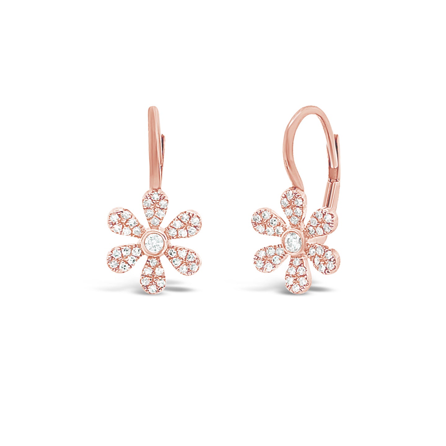 Diamond Flower Lever-Back Earrings  -14K gold weighing 1.85 grams  -74 round pave-set diamonds totaling 0.23 carats