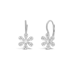 Diamond Flower Lever-Back Earrings  -14K gold weighing 1.85 grams  -74 round pave-set diamonds totaling 0.23 carats