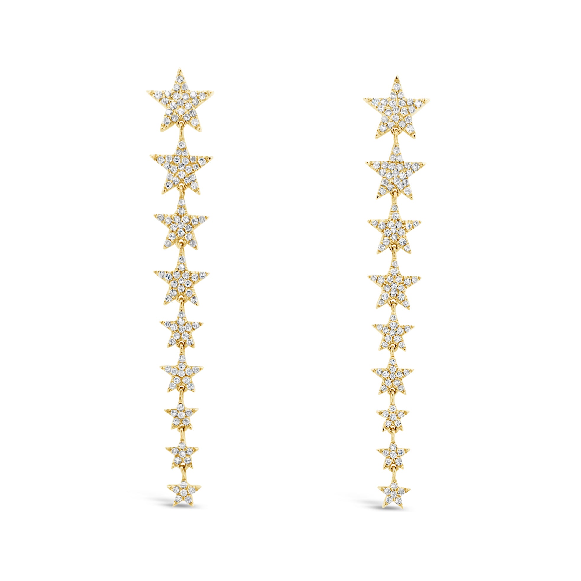 Diamond Long Star Dangle Earrings  -14K gold weighing 3.93 grams  -228 round pave set diamonds totaling 0.97 carats 