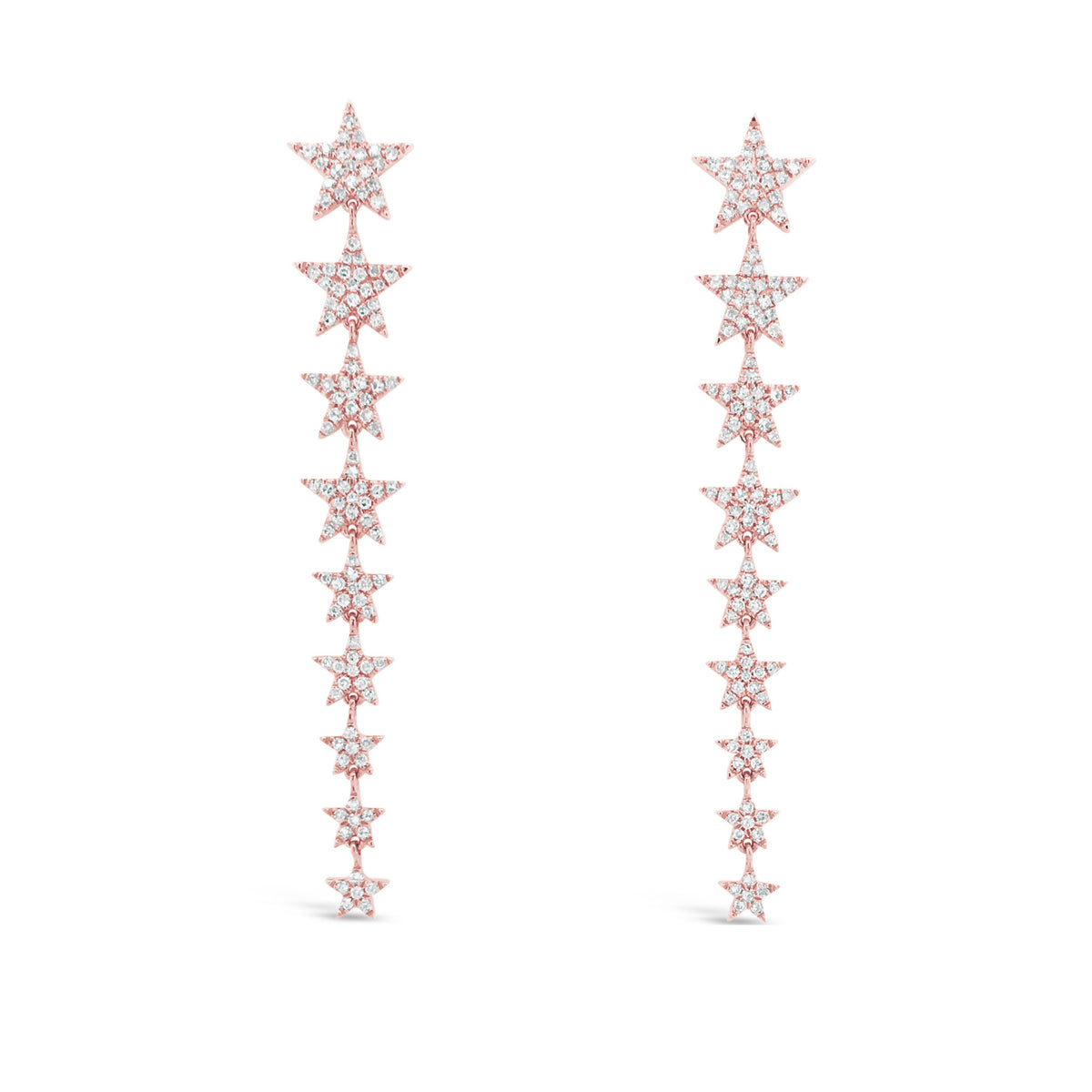Diamond Long Star Dangle Earrings  -14K gold weighing 3.93 grams  -228 round pave set diamonds totaling 0.97 carats 