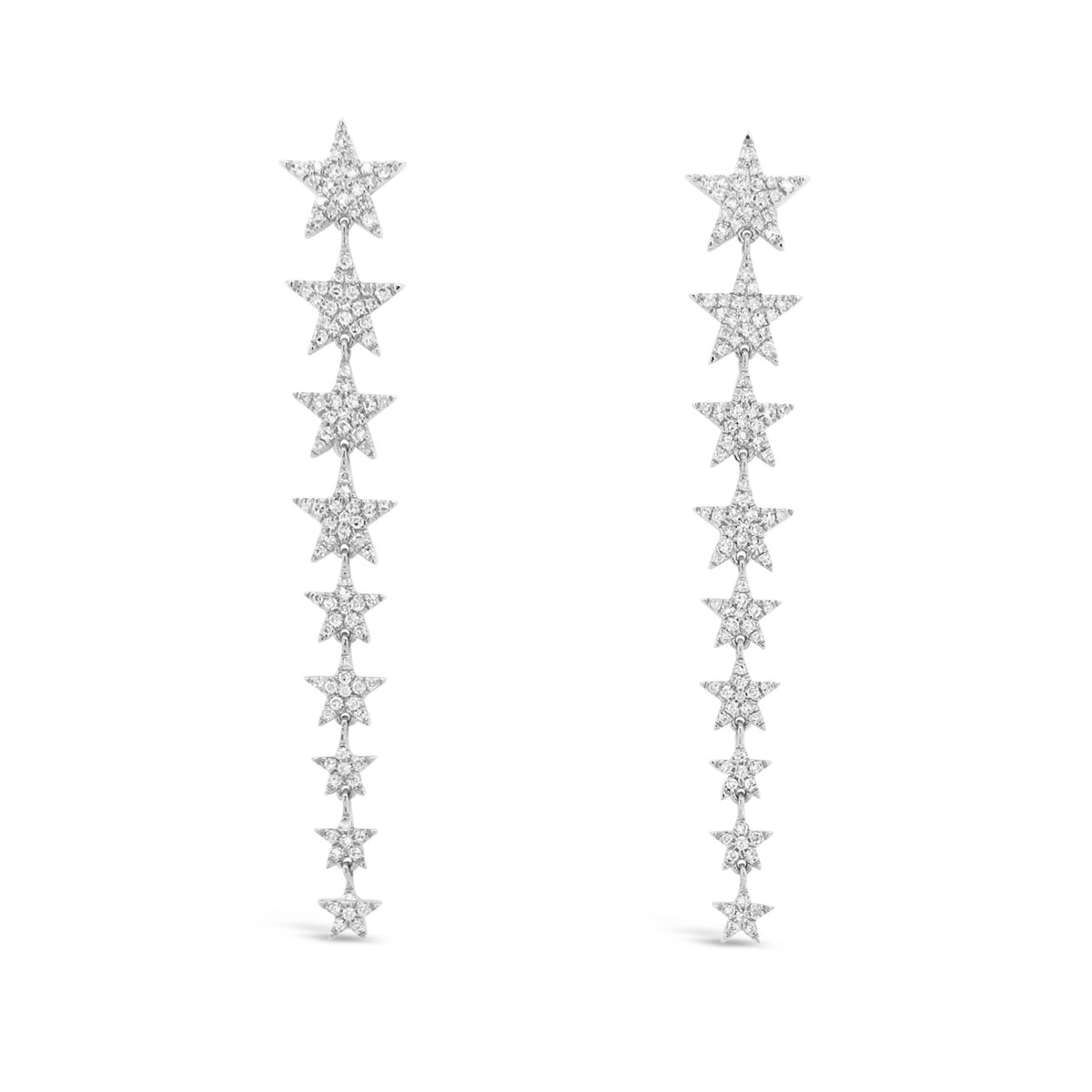 Diamond Long Star Dangle Earrings  -14K gold weighing 3.93 grams  -228 round pave set diamonds totaling 0.97 carats 